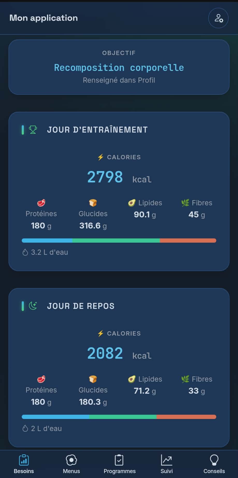 Aperçu de l'application : tableau de bord nutrition sur mobile