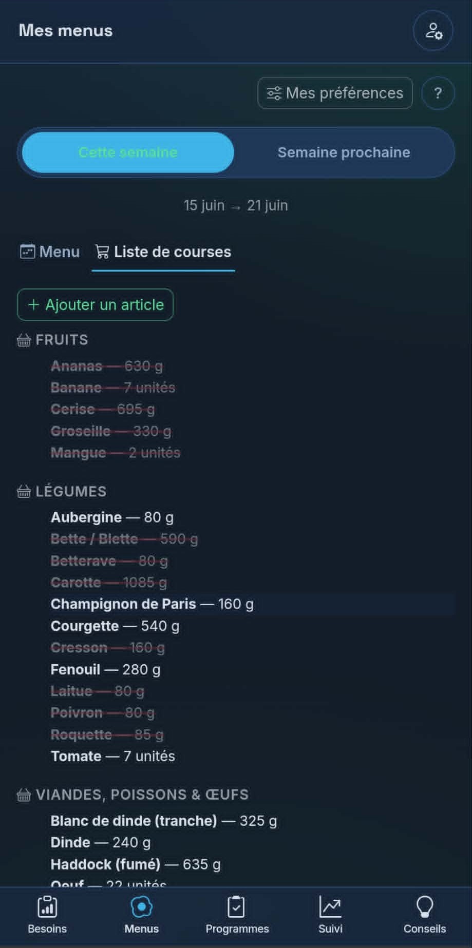 Liste de courses hebdomadaire