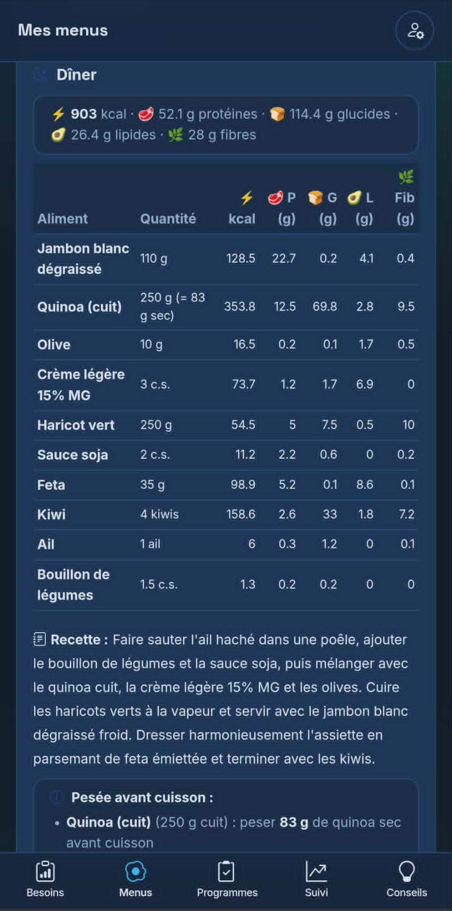 Menus et recettes générés
